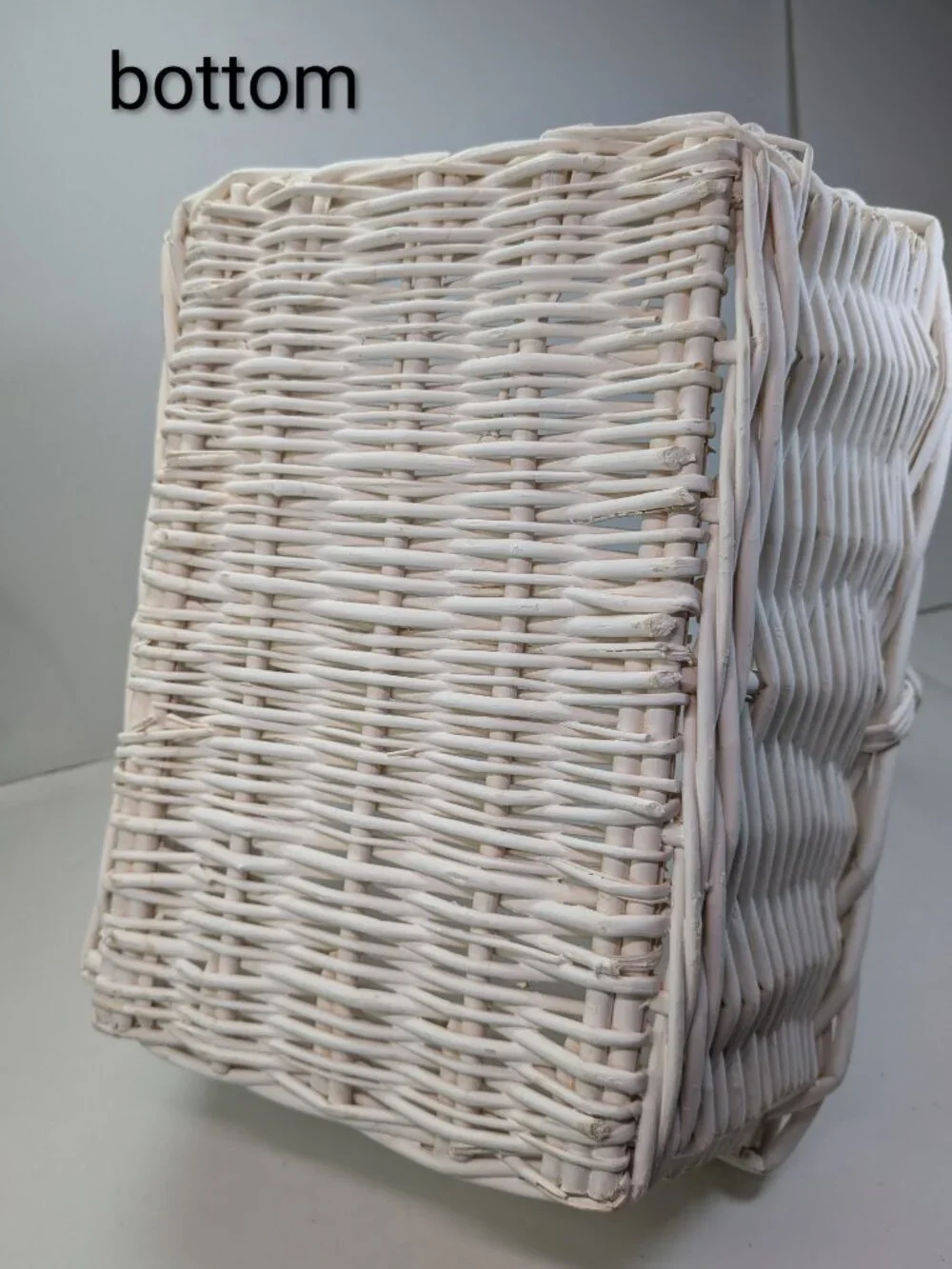 VTG Extra Large Whitewash Wicker Basket Fixed High Arch Handle Gathering Basket